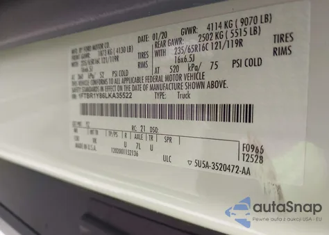 2020 Ford Transit-250 z USA, uszkodzony, nr VIN 1FTBR1Y86LKA35522